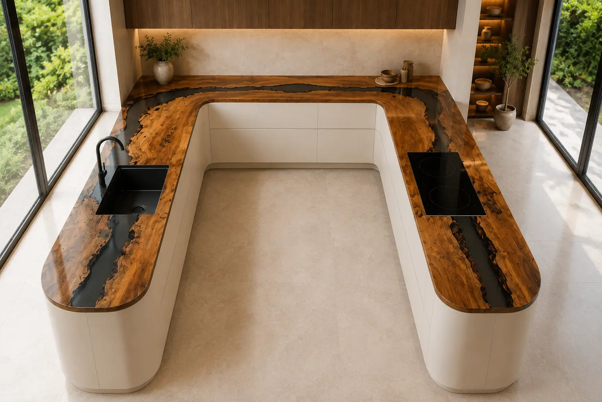 CPTC12 Obsidian Inlet Black Walnut Wood Epoxy Countertop featuring handcrafted walnut wood and black resin for a u-shaped kitchen