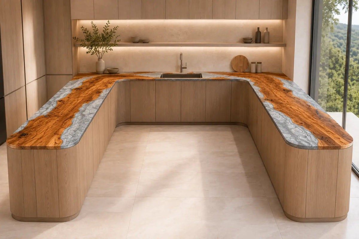 CPTC13 Silver Estuary Silver Gray Olive Wood Epoxy Countertop featuring handcrafted olive wood and silver gray resin for a u-shaped kitchen