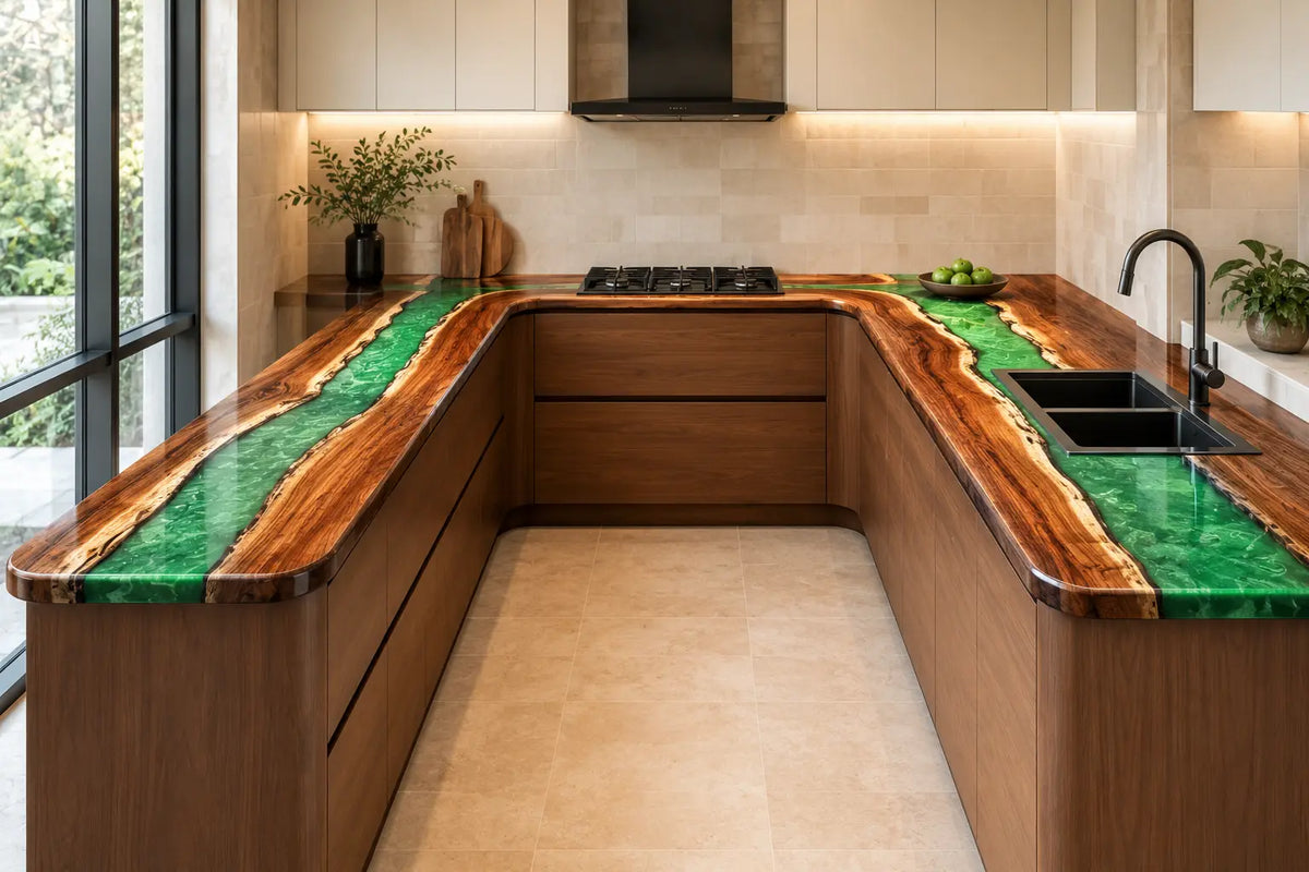 CPTC14 Emerald Loop Emerald Green Walnut Wood Epoxy Countertop featuring handcrafted walnut wood and emerald green resin for a u-shaped kitchen