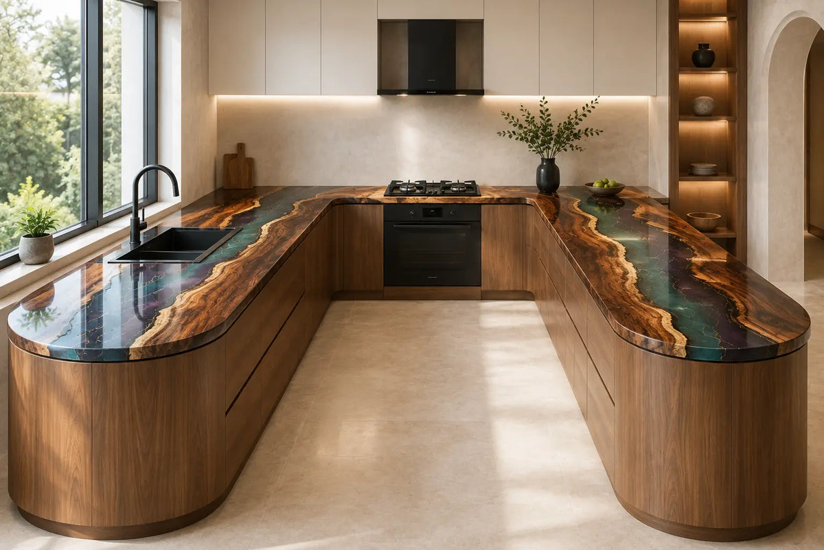 CPTC15 Aurora Channel Multicolor Blue Green Walnut Wood Epoxy Countertop featuring handcrafted walnut wood and multicolor blue green resin for a u-shaped kitchen