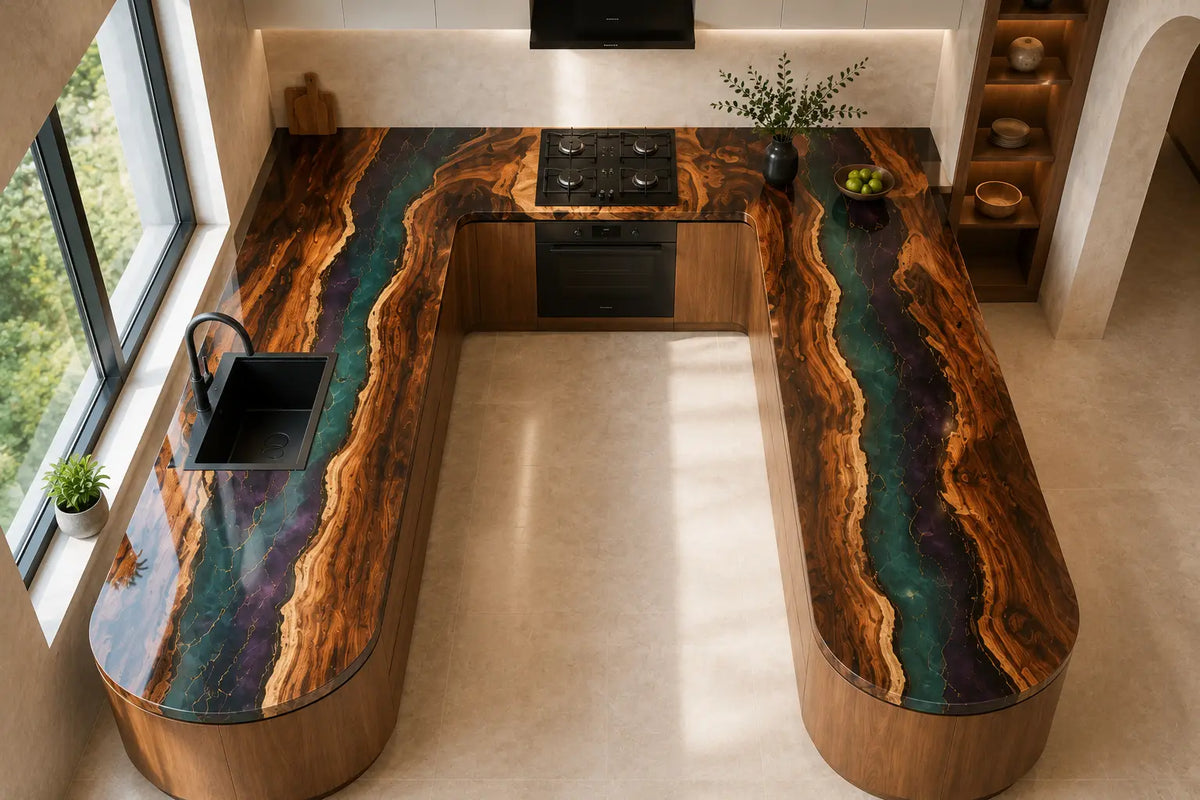 Aurora Channel Multicolor Blue Green Walnut Wood Epoxy Countertop CPT15