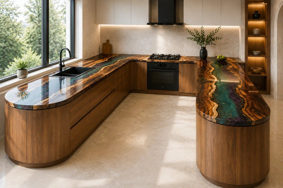Aurora Channel Multicolor Blue Green Walnut Wood Epoxy Countertop CPT15