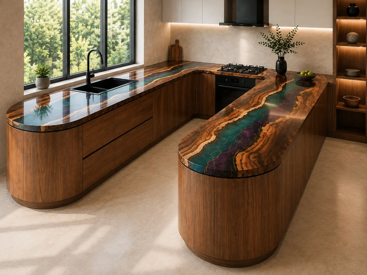 Aurora Channel Multicolor Blue Green Walnut Wood Epoxy Countertop CPT15
