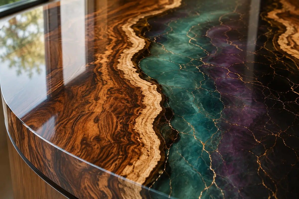 Aurora Channel Multicolor Blue Green Walnut Wood Epoxy Countertop CPT15