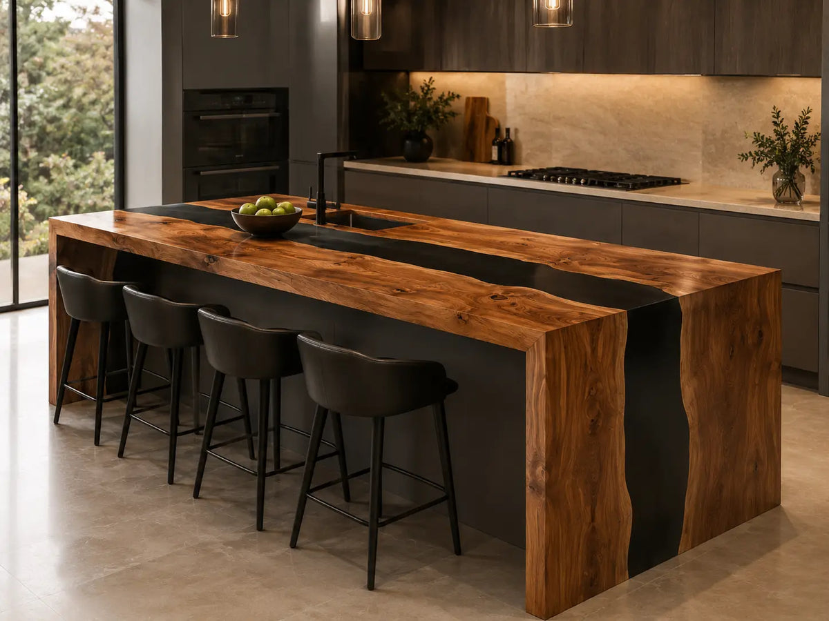 CPTC16 Walnut Monolith Black Walnut Wood Epoxy Countertop featuring handcrafted walnut wood and black resin for a kitchen bar