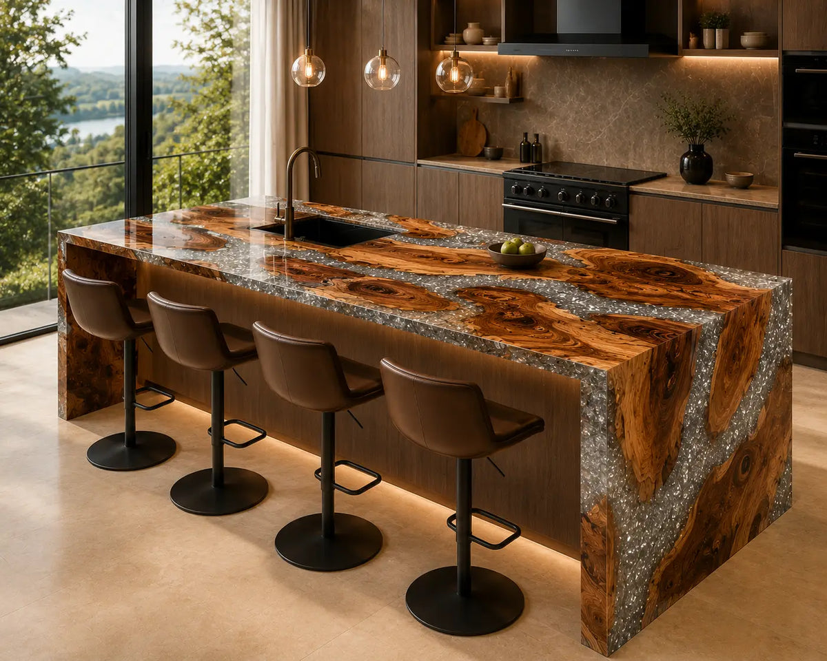 CPTC17 Silver Crystal Delta Silver Flake Clear Olive Wood Epoxy Countertop featuring handcrafted olive wood and silver flake clear resin for a kitchen island