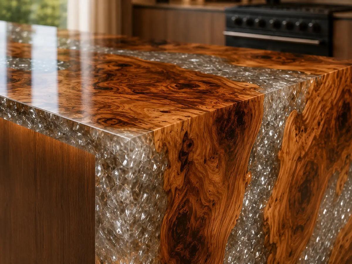 Silver Crystal Delta Silver Flake Clear Olive Wood Epoxy Countertop CPT17