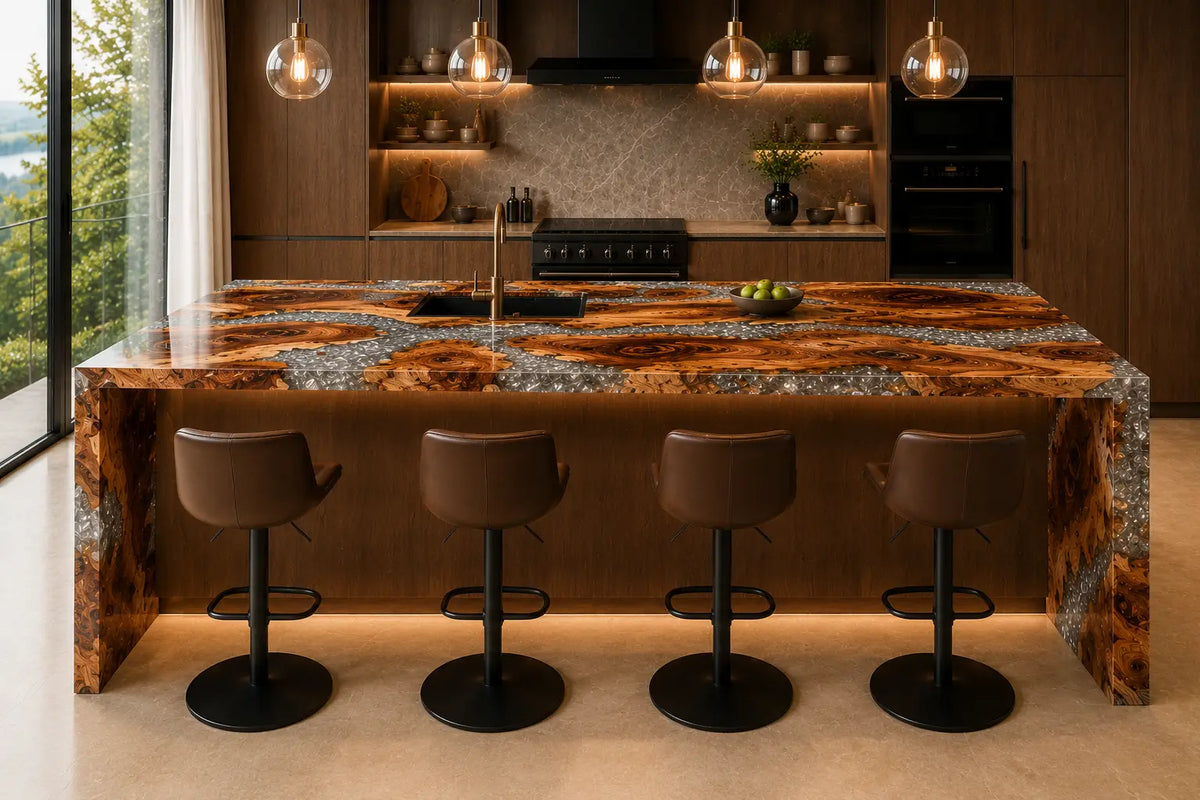 Silver Crystal Delta Silver Flake Clear Olive Wood Epoxy Countertop CPT17