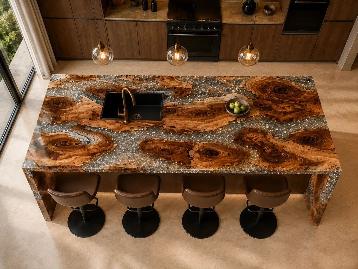 Silver Crystal Delta Silver Flake Clear Olive Wood Epoxy Countertop CPT17