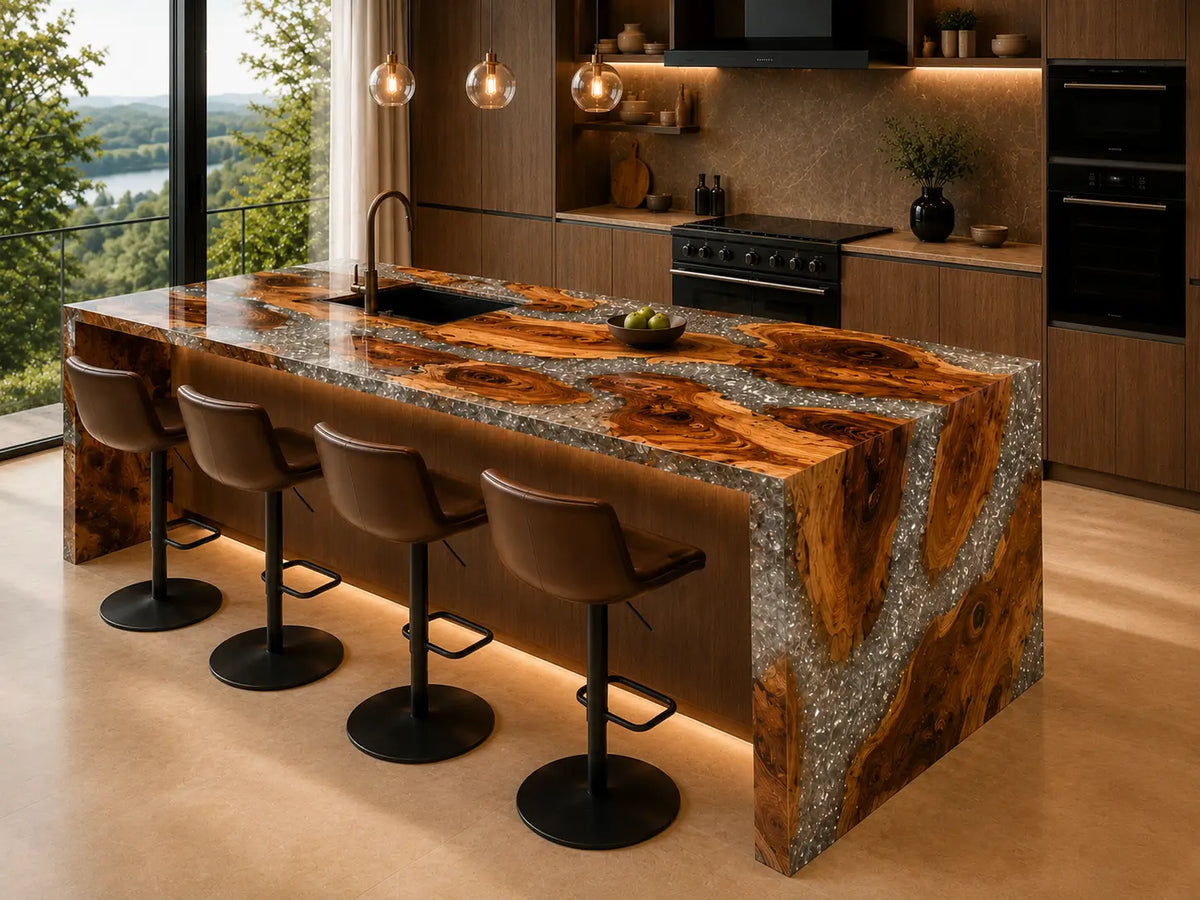 Silver Crystal Delta Silver Flake Clear Olive Wood Epoxy Countertop CPT17