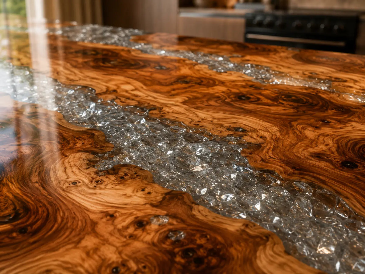 Silver Crystal Delta Silver Flake Clear Olive Wood Epoxy Countertop CPT17
