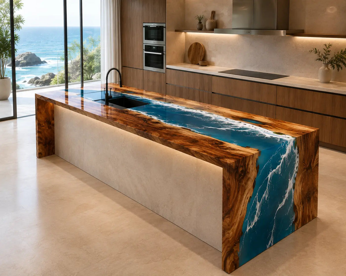 CPTC18 Pacific Falls Ocean Blue Walnut Wood Epoxy Countertop featuring handcrafted walnut wood and ocean blue resin for a waterfall island