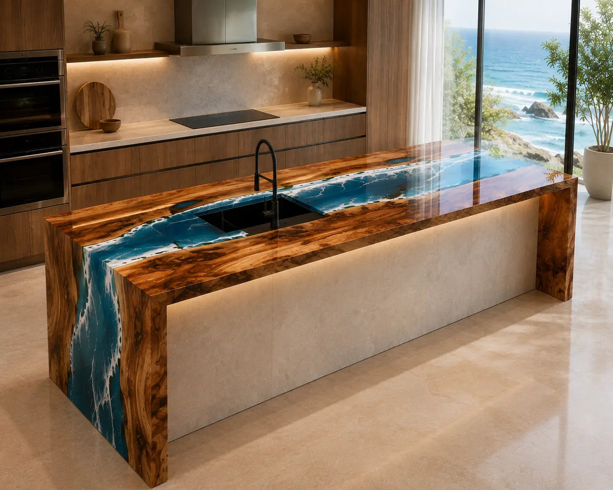 Pacific Falls Ocean Blue Walnut Wood Epoxy Countertop CPT18
