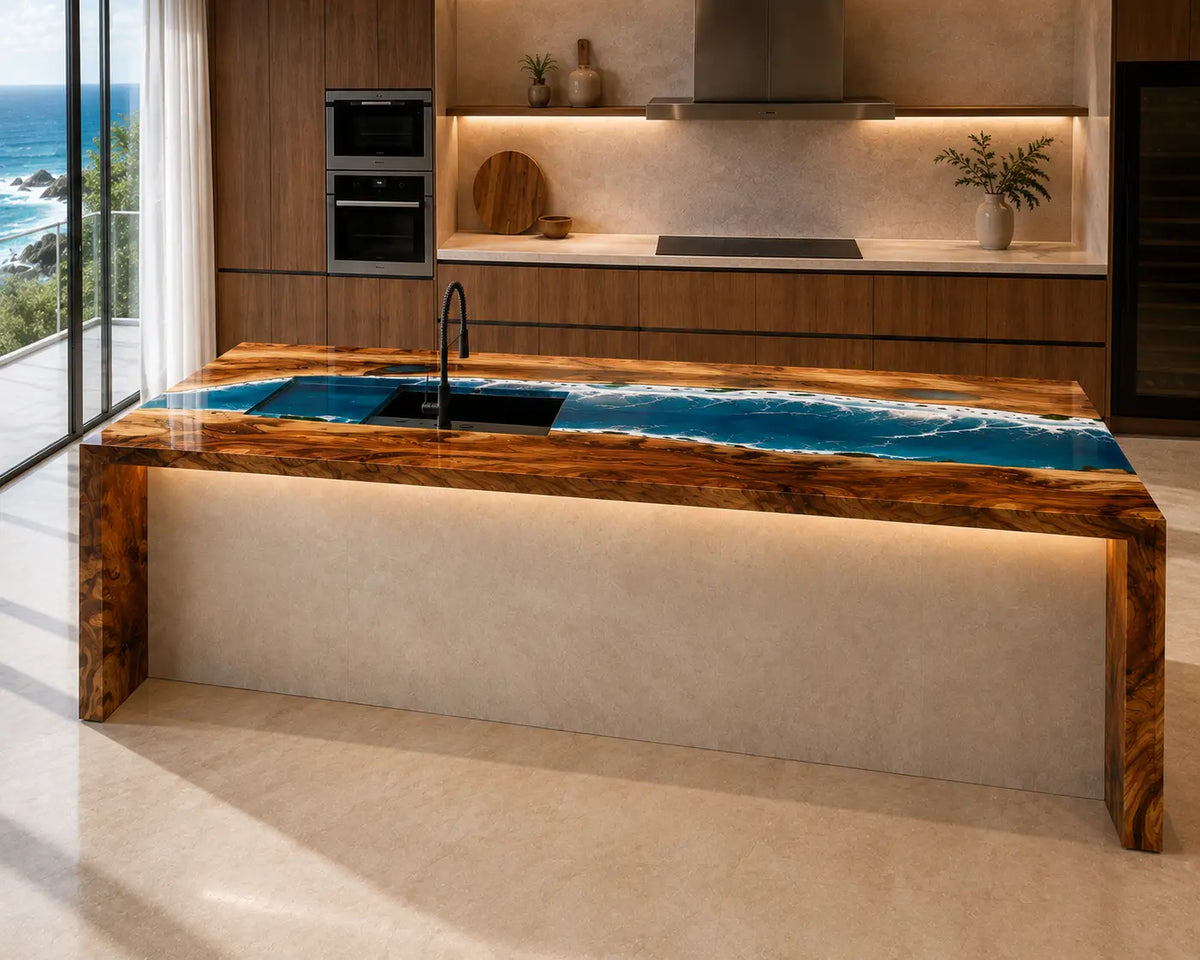 Pacific Falls Ocean Blue Walnut Wood Epoxy Countertop CPT18