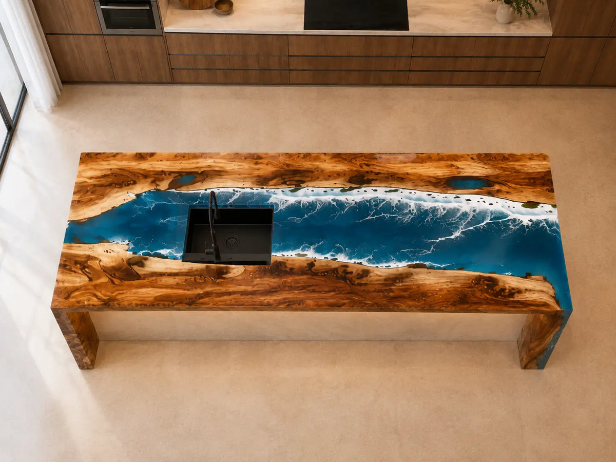 Pacific Falls Ocean Blue Walnut Wood Epoxy Countertop CPT18