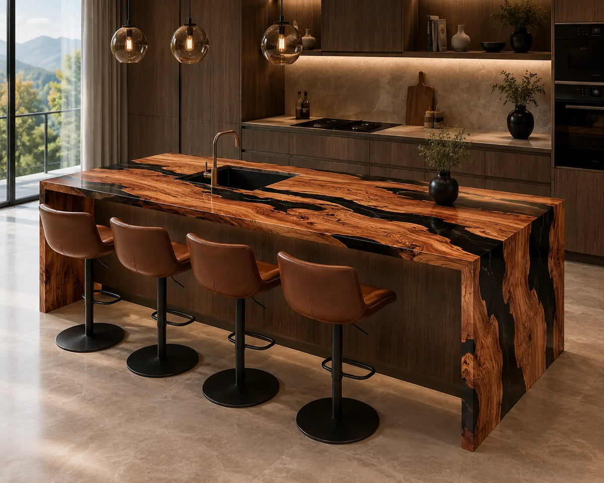 CPTC19 Dark Timber Bar Black Walnut Wood Epoxy Countertop featuring handcrafted walnut wood and black resin for a breakfast bar