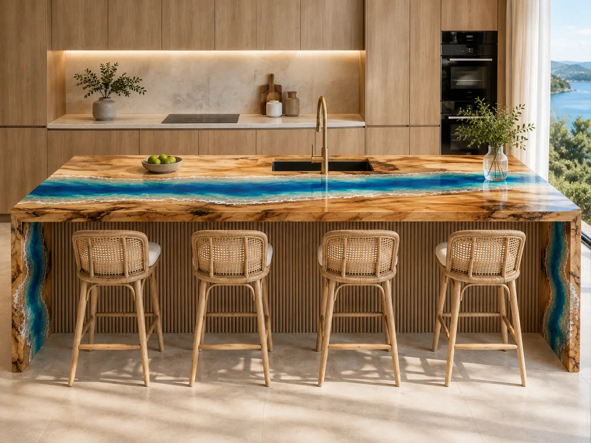 CPTC20 Azure Cascade Azure Blue Poplar Wood Epoxy Countertop featuring handcrafted poplar wood and azure blue resin for a waterfall island