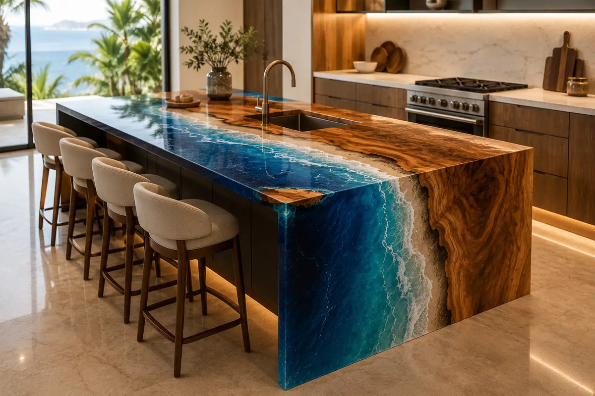 CPTC21 Cobalt Waterfall Cobalt Blue Walnut Wood Epoxy Countertop featuring handcrafted walnut wood and cobalt blue resin for a waterfall island