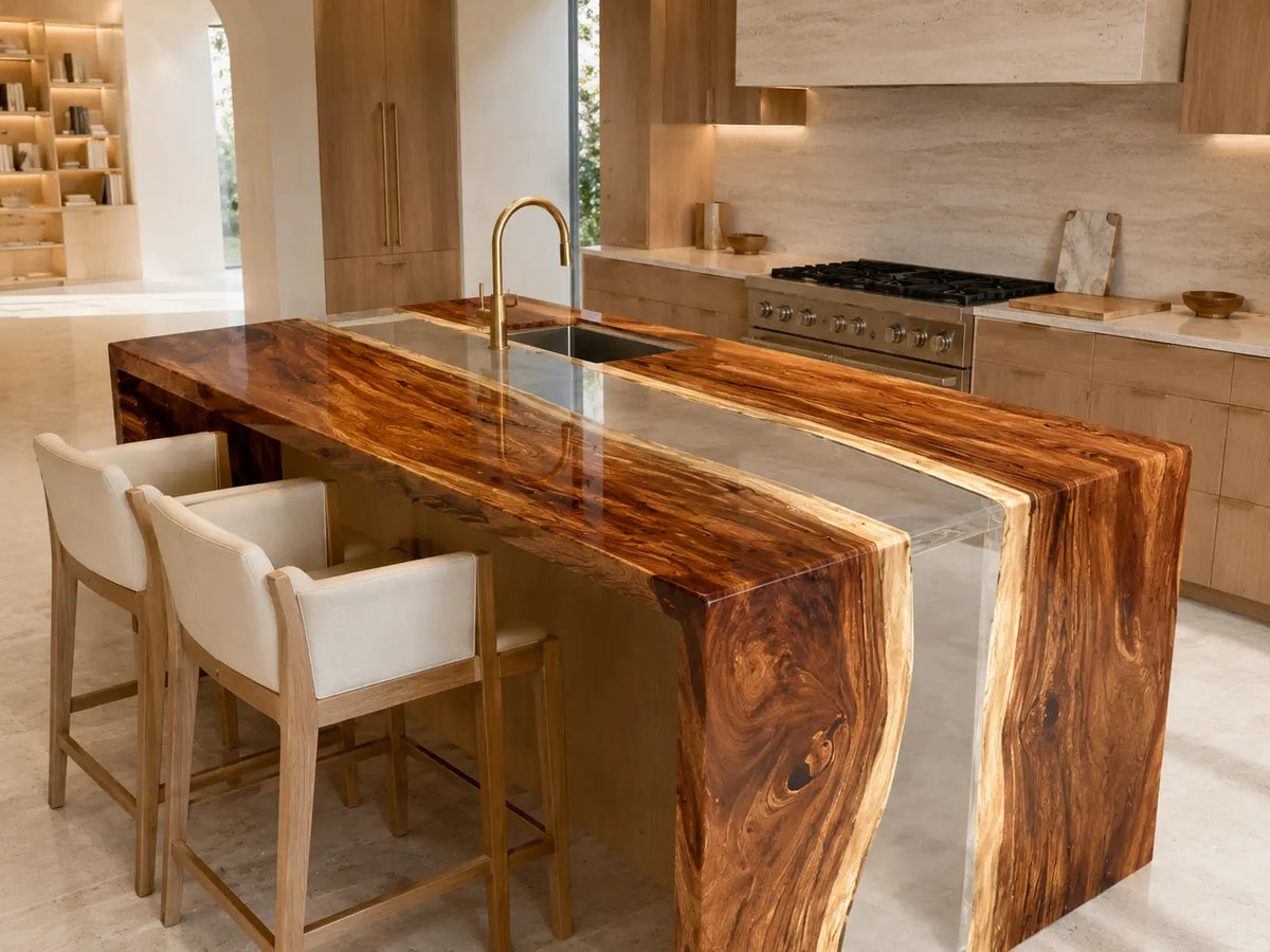 CPTC22 Glasswood Bridge Crystal Clear Walnut Wood Epoxy Countertop featuring handcrafted walnut wood and crystal clear resin for a kitchen island