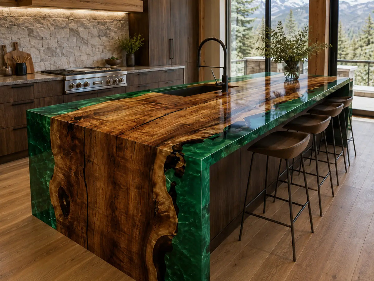 CPTC23 Emerald Falls Emerald Green Walnut Wood Epoxy Countertop featuring handcrafted walnut wood and emerald green resin for a waterfall island