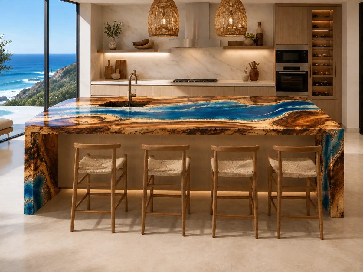 CPTC24 Island Tide Ocean Blue Walnut Wood Epoxy Countertop featuring handcrafted walnut wood and ocean blue resin for a breakfast bar