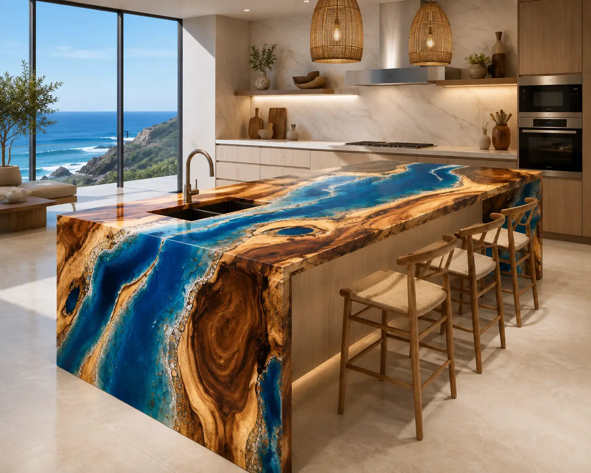 Island Tide Ocean Blue Walnut Wood Epoxy Countertop CPT24
