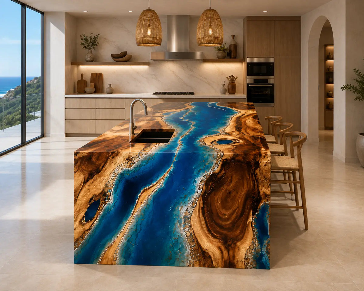 Island Tide Ocean Blue Walnut Wood Epoxy Countertop CPT24