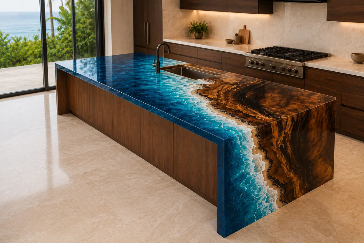 CPTC25 Deepwater Edge Deep Blue Ebony Wood Epoxy Countertop featuring handcrafted ebony wood and deep blue resin for a waterfall island
