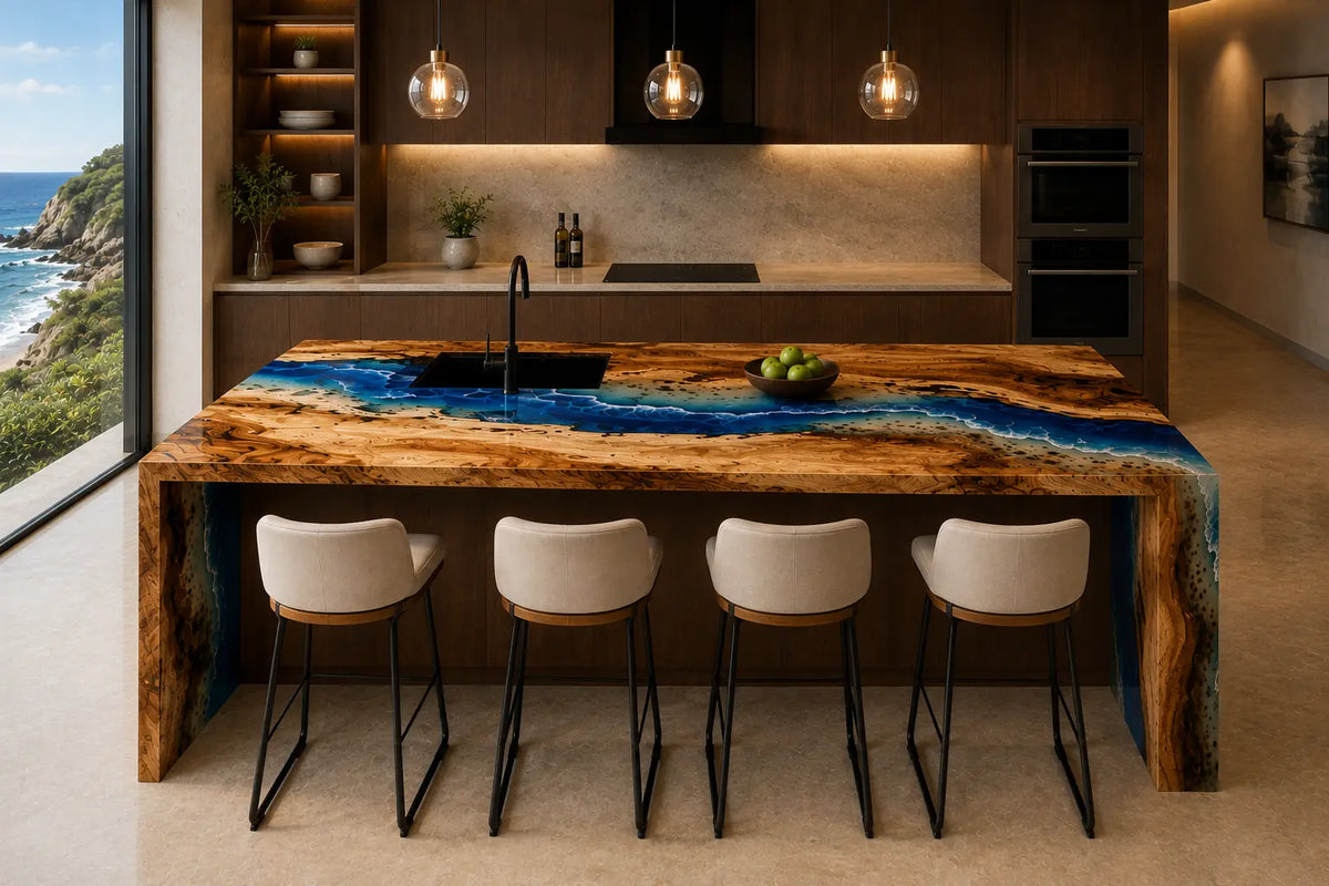 CPTC26 Blue Harbor Ocean Blue Poplar Wood Epoxy Countertop featuring handcrafted poplar wood and ocean blue resin for a breakfast bar
