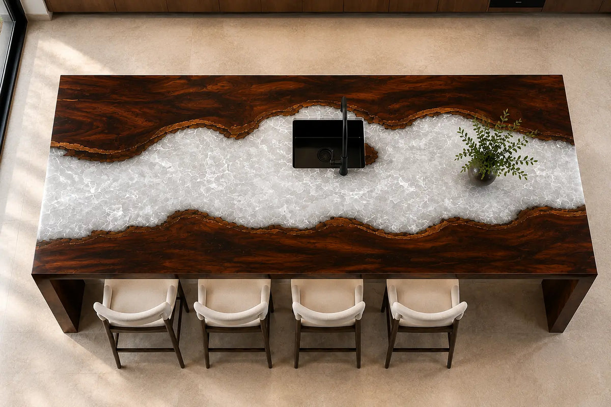 CPTC27 White Rapids Pearl White Walnut Wood Epoxy Countertop featuring handcrafted walnut wood and pearl white resin for a kitchen island