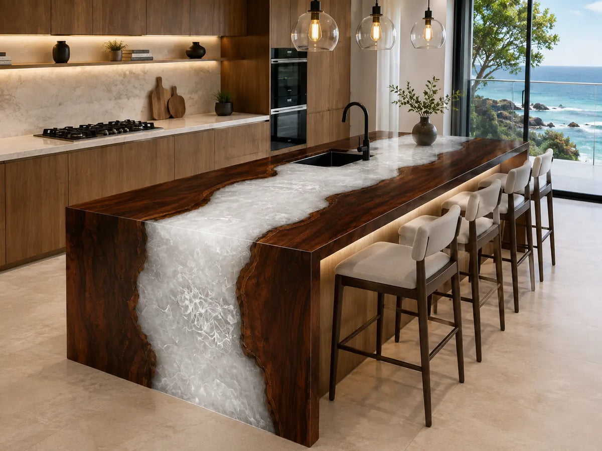 White Rapids Pearl White Walnut Wood Epoxy Countertop CPT27