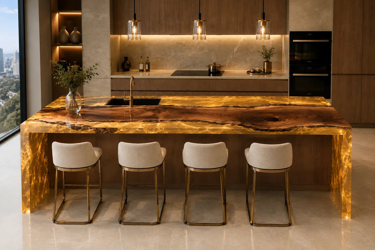 CPTC28 Obsidian Rift Black Ebony Wood Epoxy Countertop featuring handcrafted ebony wood and black resin for a kitchen island