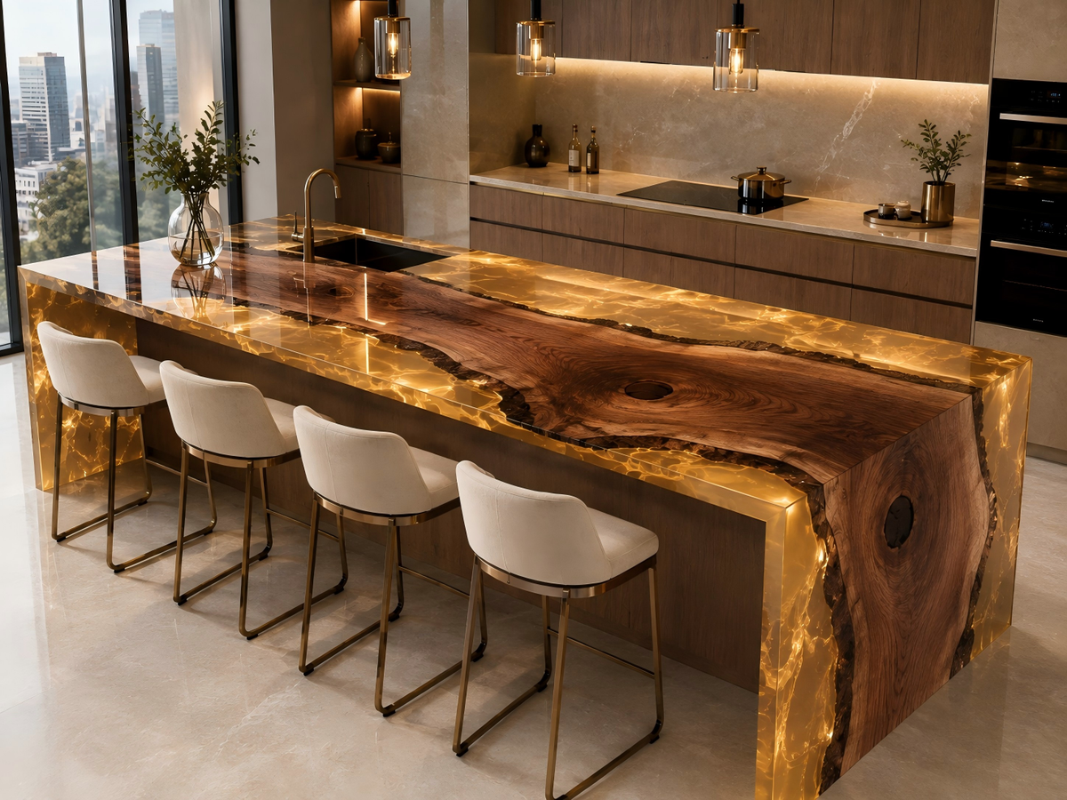 CPTC29 Golden Amber Vein Golden Amber Black Walnut Epoxy Countertop featuring handcrafted black walnut and golden amber resin for a kitchen island