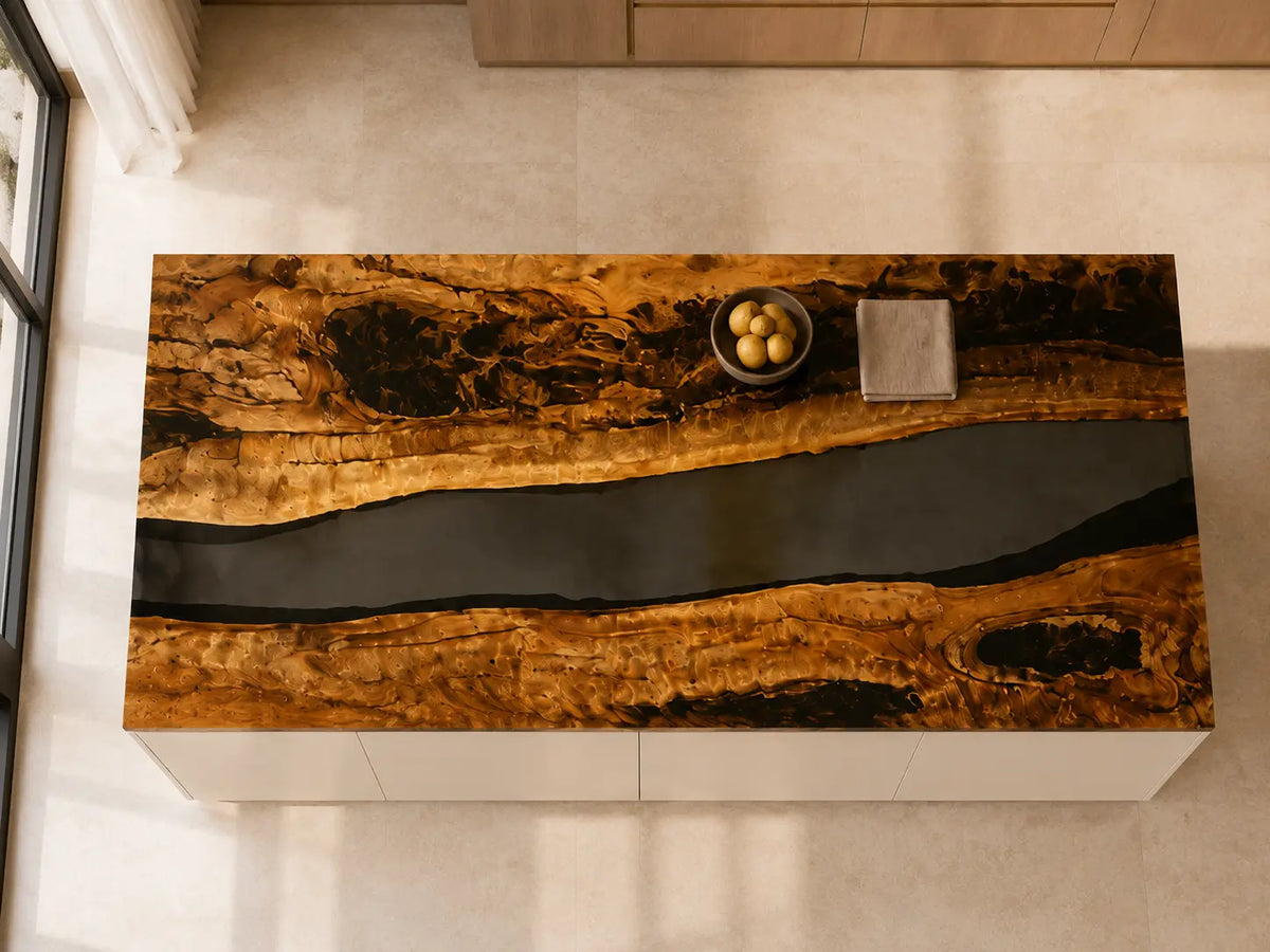 CPTC31 Obsidian Grain Black Walnut Wood Epoxy Countertop featuring handcrafted walnut wood and black resin for an island countertop