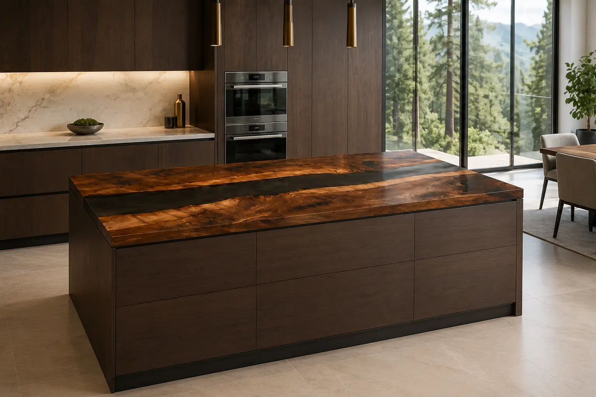 CPTC33 Black Horizon Black Walnut Wood Epoxy Countertop featuring handcrafted walnut wood and black resin for an island countertop