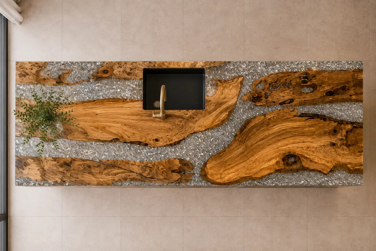 CPTC34 Silver Crystal Shoal Silver Flake Clear Olive Wood Epoxy Countertop featuring handcrafted olive wood and silver flake clear resin for an island countertop
