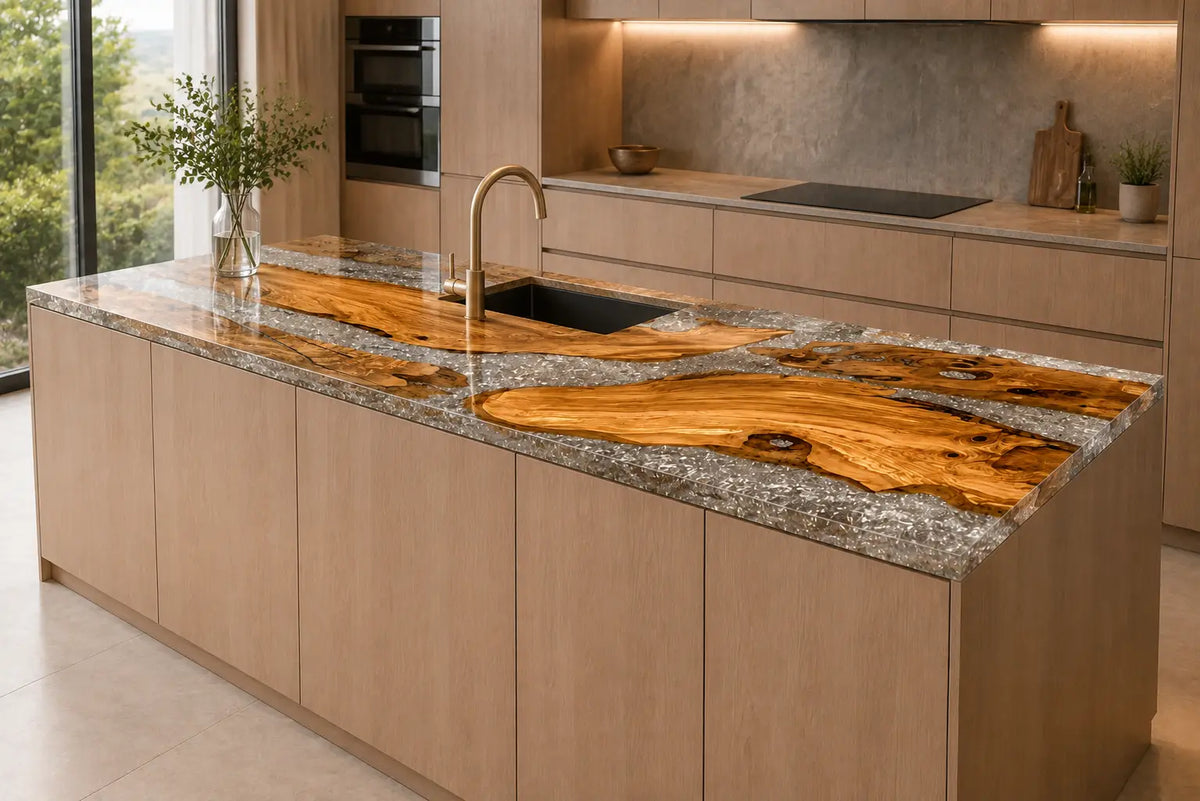 Silver Crystal Shoal Silver Flake Clear Olive Wood Epoxy Countertop CPT34