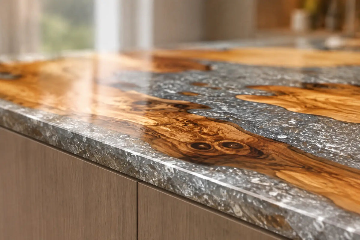 Silver Crystal Shoal Silver Flake Clear Olive Wood Epoxy Countertop CPT34