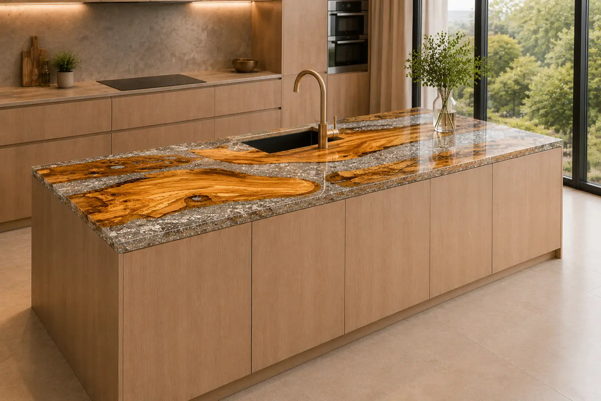 Silver Crystal Shoal Silver Flake Clear Olive Wood Epoxy Countertop CPT34