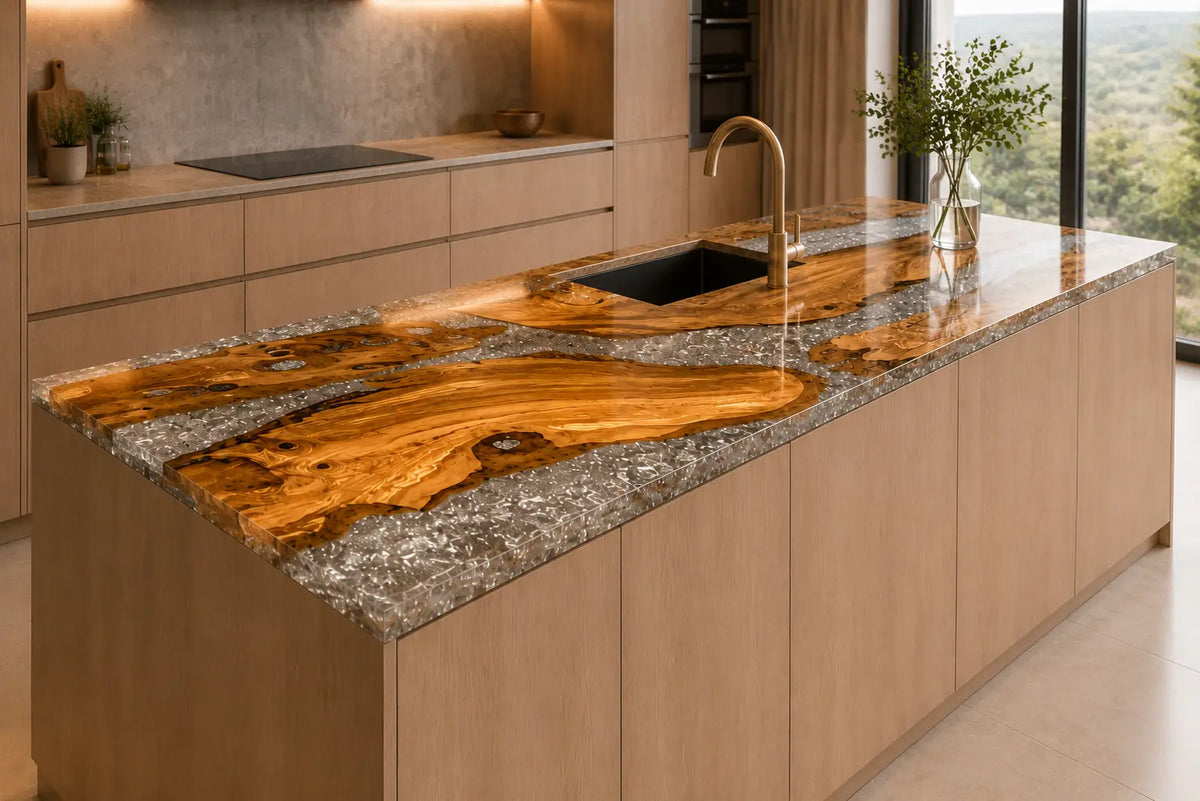 Silver Crystal Shoal Silver Flake Clear Olive Wood Epoxy Countertop CPT34