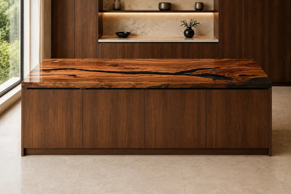 CPTC35 Onyx Coast Black Olive Wood Epoxy Countertop featuring handcrafted olive wood and black resin for an island countertop