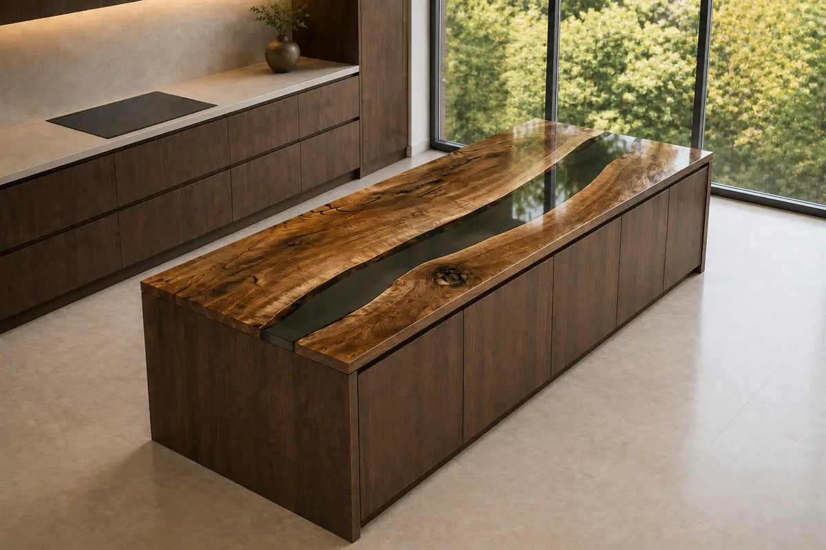 CPTC36 Black Passage Black Walnut Wood Epoxy Countertop featuring handcrafted walnut wood and black resin for an island countertop