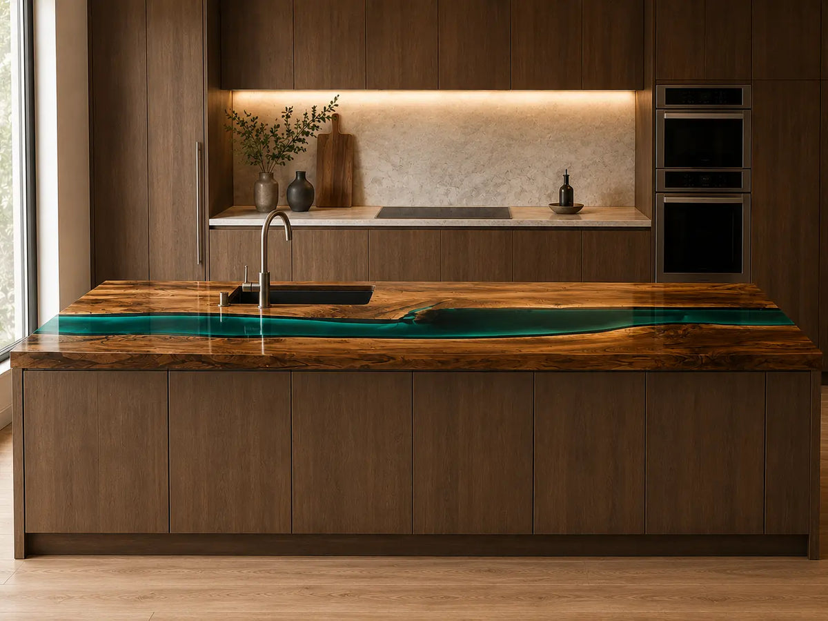 CPTC37 Green Sound Emerald Green Walnut Wood Epoxy Countertop featuring handcrafted walnut wood and emerald green resin for an island countertop