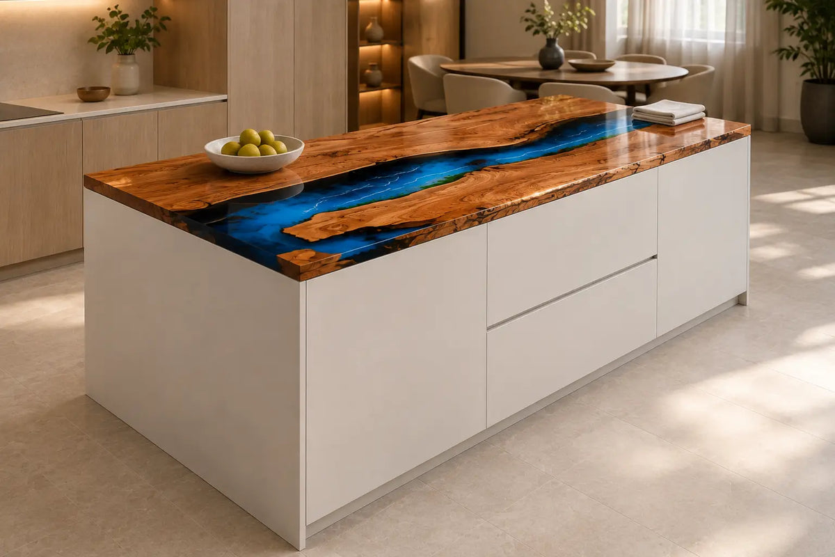 CPTC38 Blue Meridian Bright Blue Olive Wood Epoxy Countertop featuring handcrafted olive wood and bright blue resin for an island countertop