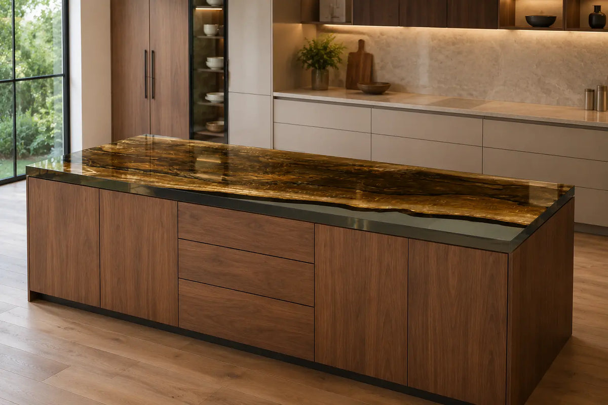 CPTC39 Golden Amber Glass Golden Amber Walnut Wood Epoxy Countertop featuring handcrafted walnut wood and golden amber resin for an island countertop