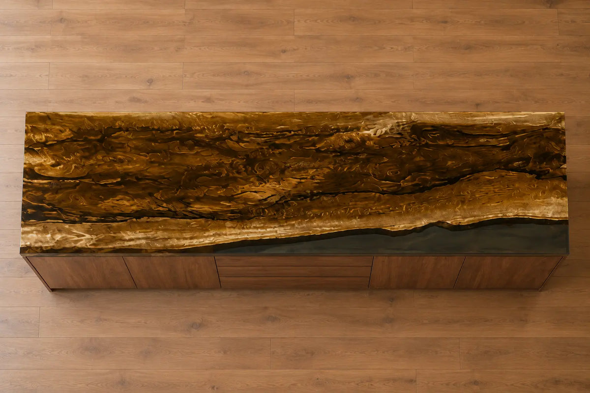 Golden Amber Glass Golden Amber Walnut Wood Epoxy Countertop CPT39