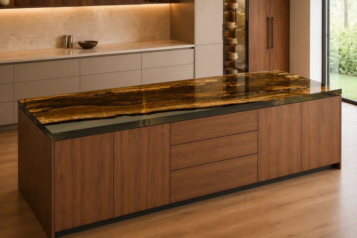Golden Amber Glass Golden Amber Walnut Wood Epoxy Countertop CPT39