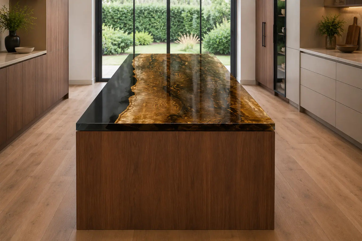 Golden Amber Glass Golden Amber Walnut Wood Epoxy Countertop CPT39