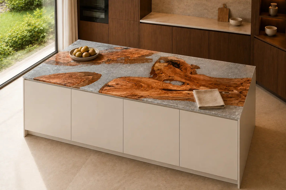 CPTC40 Silver Crystal Mosaic Silver Flake Clear Olive Wood Epoxy Countertop featuring handcrafted olive wood and silver flake clear resin for an island countertop