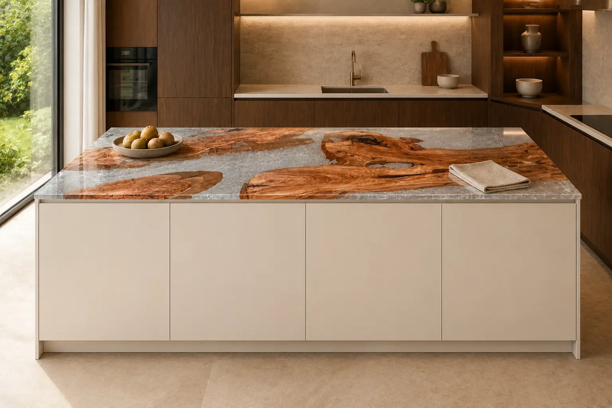 Silver Crystal Mosaic Silver Flake Clear Olive Wood Epoxy Countertop CPT40